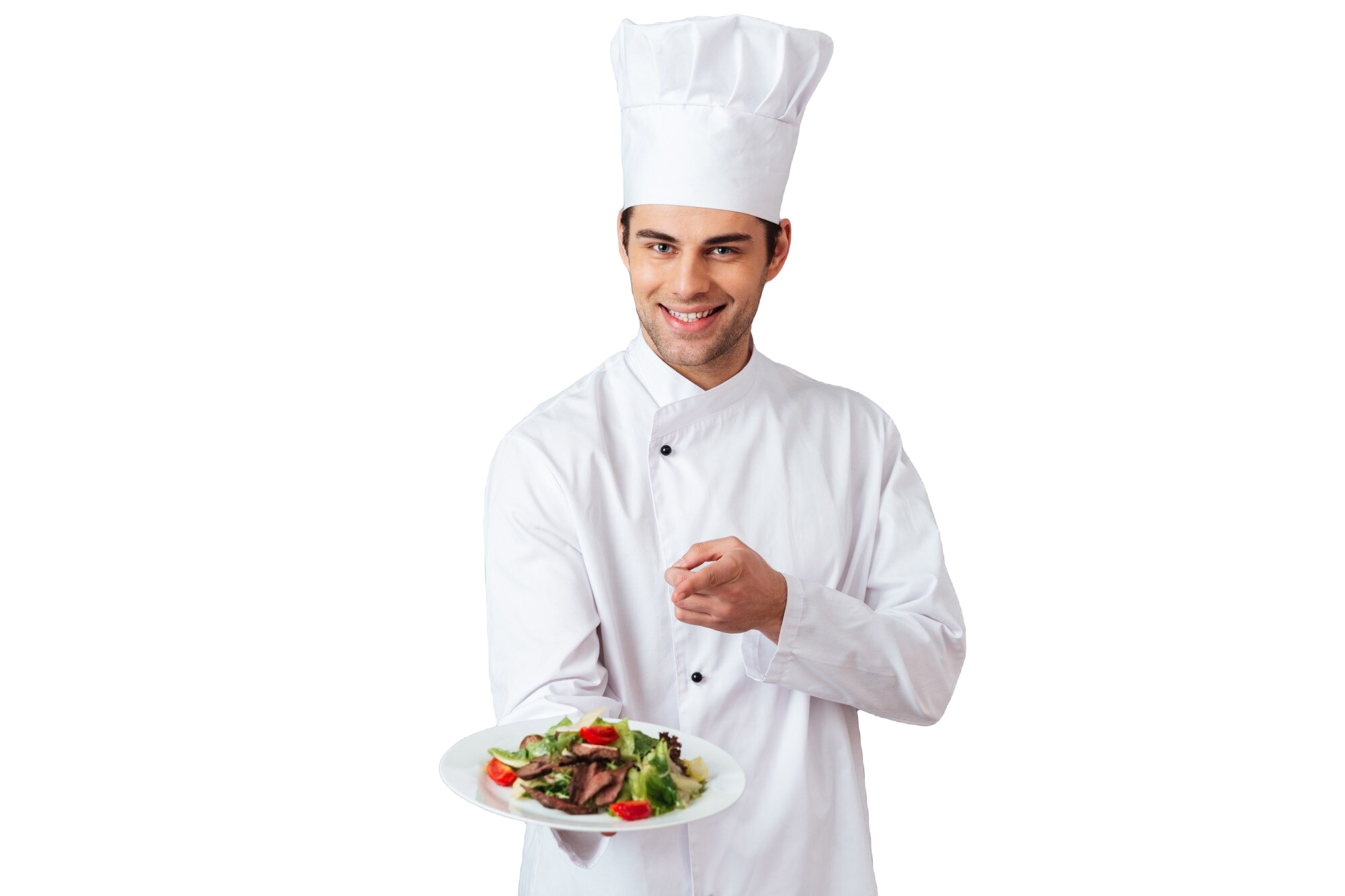 cheerful-young-cook-uniform-holding-salad-pointing-you
